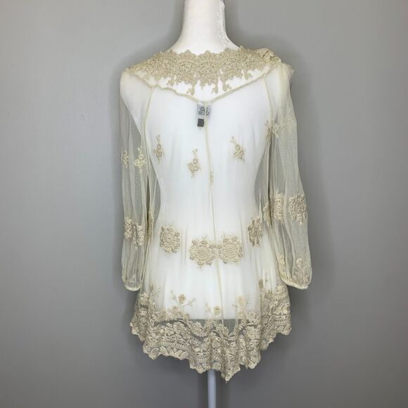XCVI Womens Mesh Floral Tunic Embroidered Sheer Beige Boho Fairy Cottage Core - Picture 3 of 13